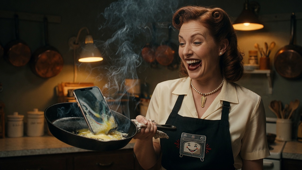 Betty Grokr laughing while a smartphone fries in her skillet