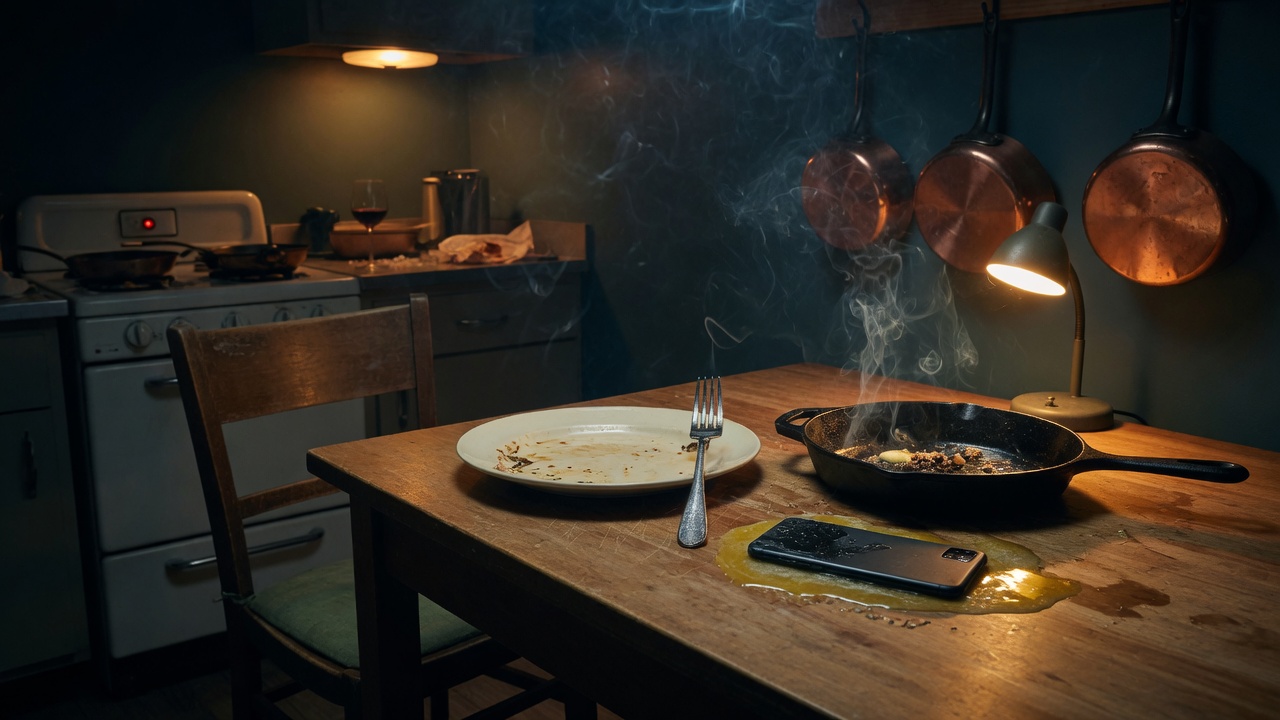 A place setting for one, phone face-down in butter, skillet still smoking